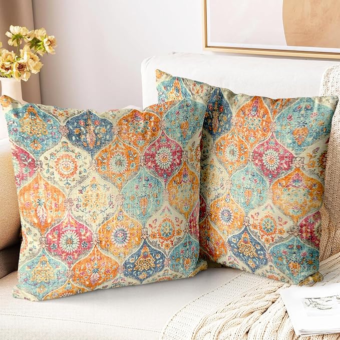 Boho Throw Pillow Covers 22x22 inch Set of 2,Soft Pillowcases Bohemia Carpet Printing Pattern Decorative Sofa Living Room Bed Square Pillow Case Cushion Cover-Cream Color