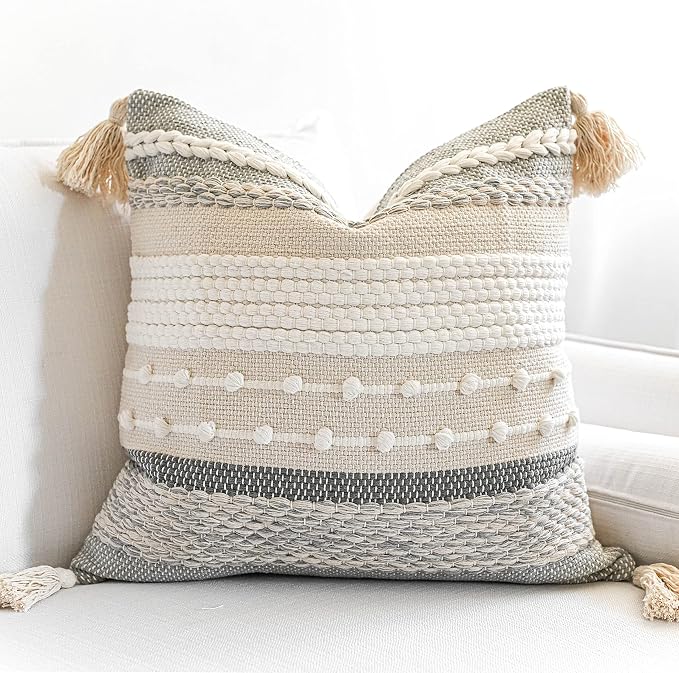 Gray Boho Throw Pillow Cover 20x20 Grey Decorative Accent Pillow for Couch Square Woven Textured Pillowcase Modern Farmhouse Pillow for Bed Bohemian Pillow Cover (Pack of 1)