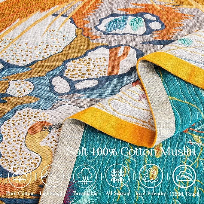 XIBLC Fall Throw Blanket for Couch, Yellow Boho Decorative Throw Blanket, 100% Cotton Muslin Breathable Woven Farmhouse Blankets Quilt, 90"x98" Reversible Lightweight Blankets Bohemian Throw Quilt