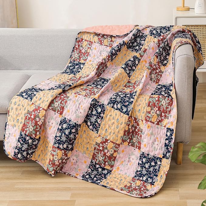 Exclusivo Mezcla Reversible Boho Quilted Throw Blanket, 50"x 60" | Lightweight Summer Quilt Throw, Designed for Bed/ Couch/ Sofa, Brown Patchwork Pattern