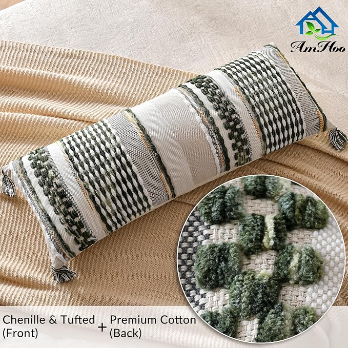 Chenille Striped Textured Boho Throw Pillow Covers Aesthetic with Tassels Woven Decorative Pillow Case for Couch Bed Sofa Bedroom Modern Funky 14 x 36-Inch Sage Green