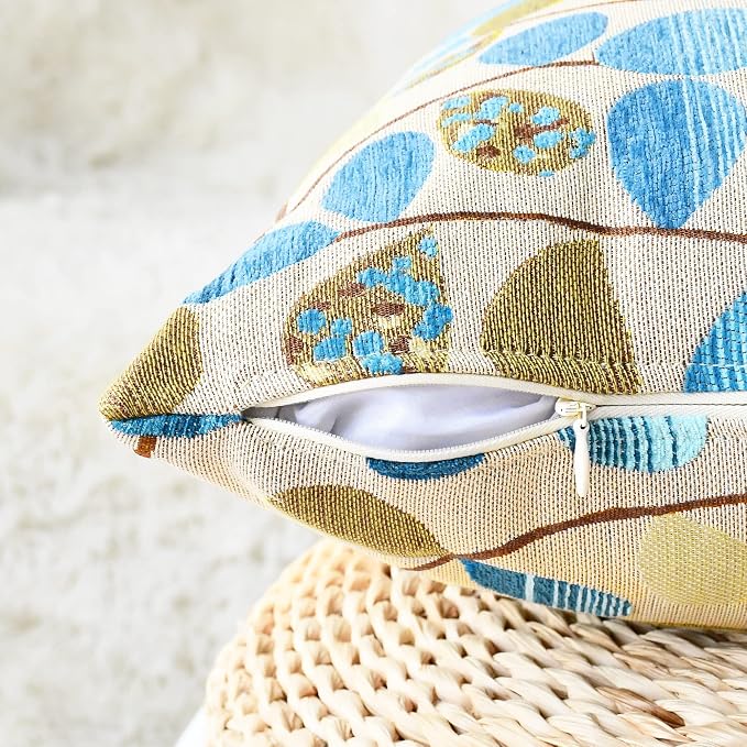 CaliTime Decorative Throw Pillow Covers 16 X 16 Inches Ecru Blue | Luxury Chenille Cute Leaves Cushion Case Shell for Couch Sofa Bed Living Room Home