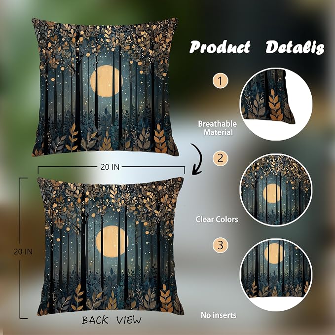Rustic William Morris Style Black Moon Pillow Covers 18x18,Vintage Black and Gold Forest Moon Botanical Nature Landscape Decorative Throw Pillow Covers for Home Bedroom Living Room