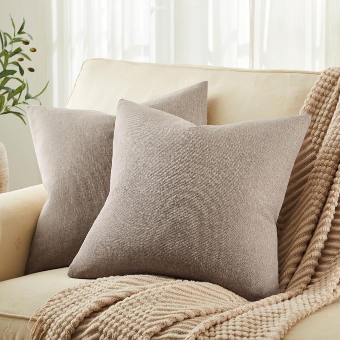Rustic Linen Throw Pillow Covers Set of 2, Cocoa Brown 18x18in | Textured Pillow Case, Rustic Cotton Linen Fabric, Modern Farmhouse Cushion Covers for Sofa Bed Living Room Home Decor