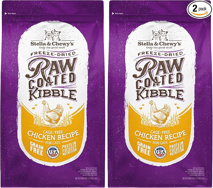 Stella & Chewy's Raw Coated Cat Food - High Protein, Grain-Free Kibble with Cage-Free Chicken - Premium Digestive Support with Probiotics - Natural Small Kibble - Perfect for Picky Eaters - 10 lb Bag
