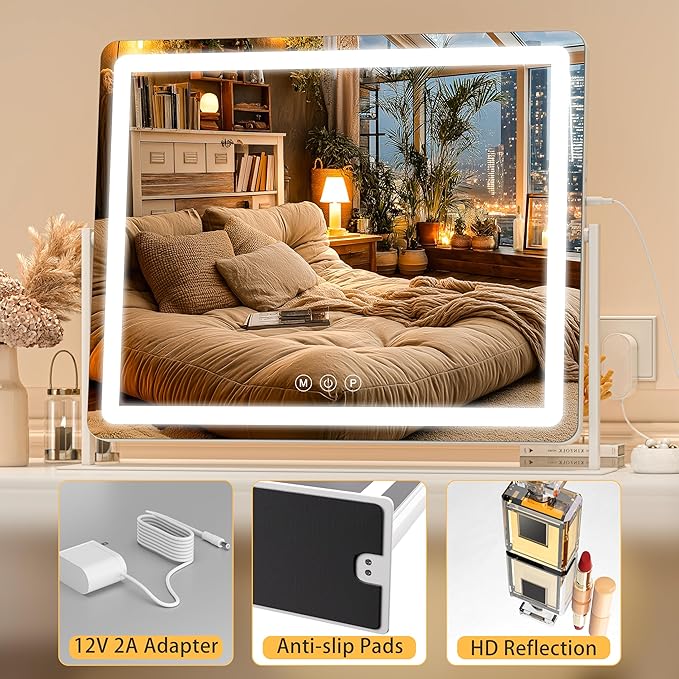 Vanity Mirror with Lights, 34'' x 25.6'' Lighted Makeup Mirror, Touch Screen with 3-Color Lighting, Dimmable for Vanity Desk Tabletop Round White