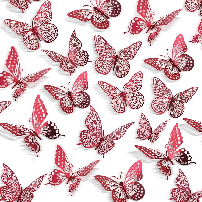 SAOROPEB 3D Butterfly Wall Decor 48 Pcs Blood Red Butterfly Decorations | 4 Styles 3 Sizes, Butterfly Birthday Decorations Butterfly Party Decorations Cake Decorations, Removable Stickers