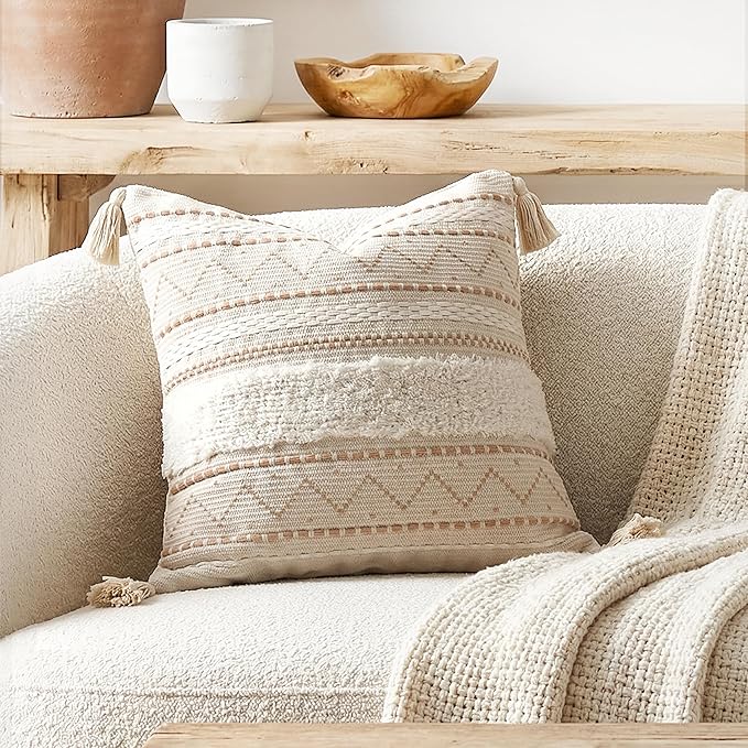 18X18 Throw Pillow Cover, Cream Neutral Beige Square Decorative Cushion Cover, Boho Accent Pillowcase with Tufted Details and Tassels for Couch Sofa Living Room(Cover Only)