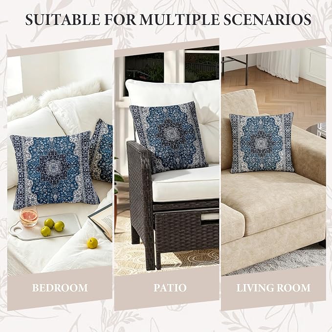 Boho Throw Pillow Covers 18x18 inch Set of 2,Soft Pillowcases Bohemia Carpet Printing Pattern Decorative Sofa Living Room Bed Square Pillow Case Cushion Cover-Blue