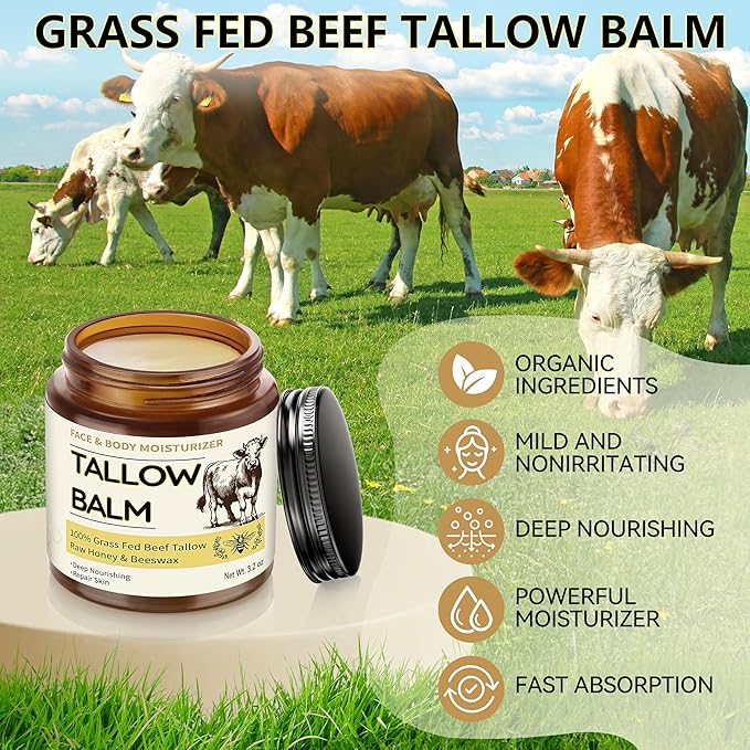 Veakoo Beef Tallow for Skin, 2 Pcs Grass Fed Tallow and Honey Balm, Organic Tallow Face Moisturizer, Natural Moisturizing Cream for Women Men, Body Butter, Nourish and Soothe Dry Skin