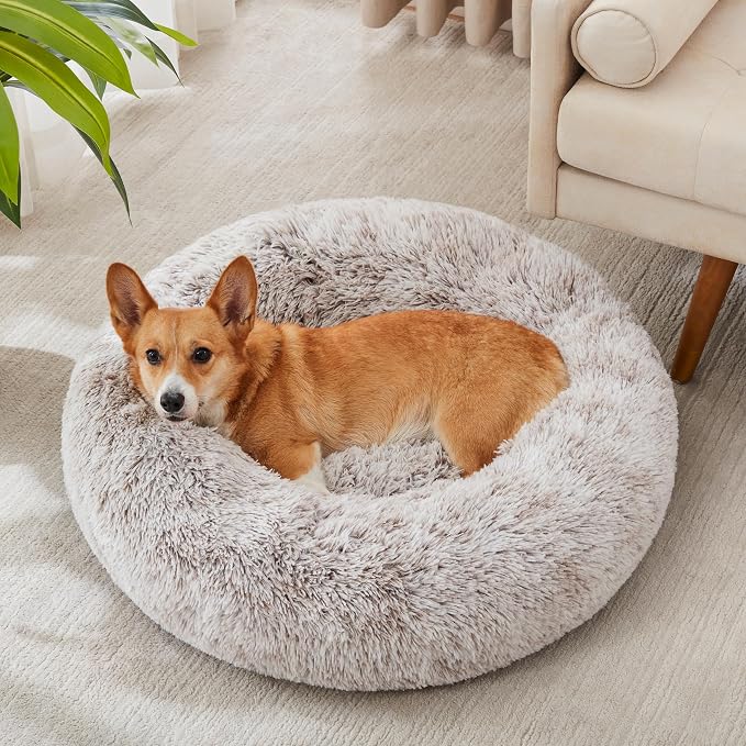 Western Home Calming Donut Medium Dog Bed Washable Pet Bed,30" White Khaki | Fluffy Faux Fur Round Cuddler,Anti-Anxiety,Anti-Slip Bottom,Plush Pet Dog Beds for Medium Sized Dogs,Up to 45 LBS