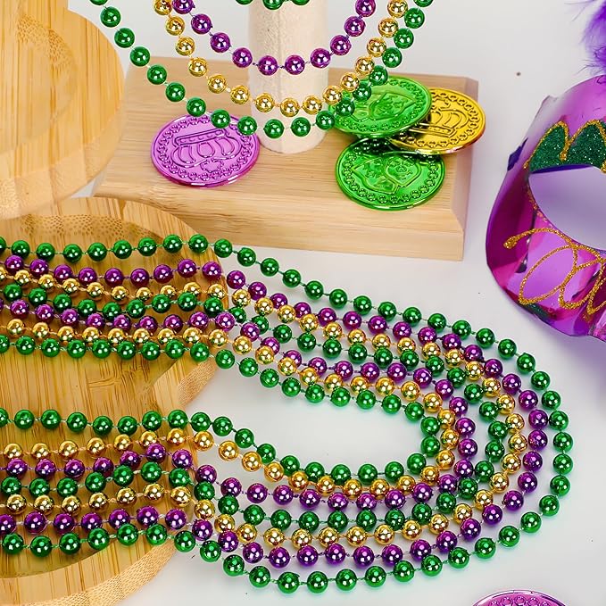 30PCS Mardi Gras Accessories, Green Purple Gold Mardi Gras Beads Necklaces Bulk, Metallic 33" Round Beads Necklace Costumes Decor, Parade Throws Party Decorations Favor Supplies