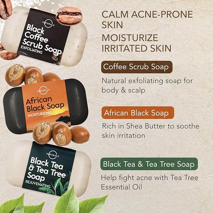 O NATURALS 100% Natural Bar Soap - Gift Set - Organic Ingredients & Essential Oils - Spa Gifts for Women & Men, Body Wash & Face Soap - 6PC Black Soap Collection