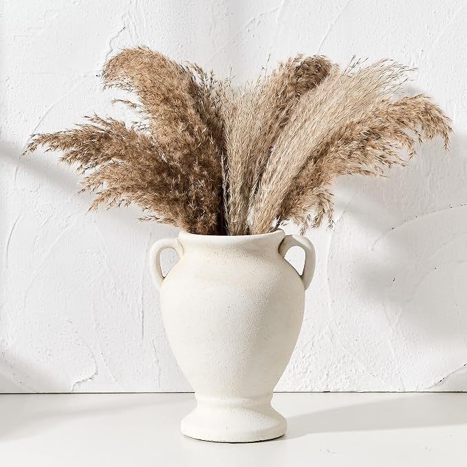 PORCER Ceramic Rustic Flower Vase with Handles, 8.46 Inch Tall Vintage Pottery Home Decor, Farmhouse Terracotta Vase for Living Room, Table, Shelf, Mantel Decoration, Farmhouse- White