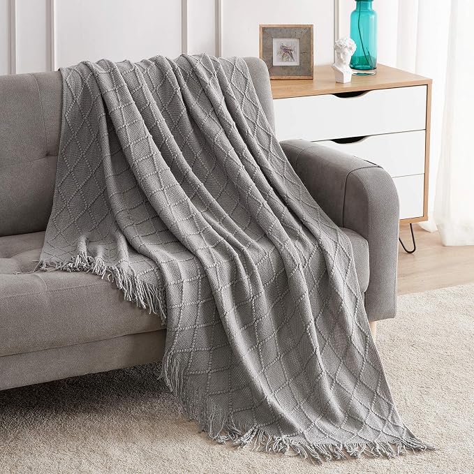 BOURINA Light Grey Throw Blanket 60x80 Inch Knitted Soft Throw Sofa Blanket | Knitted Throw Blanket 60x80 Inches, Soft Lightweight Boho Weave Throw Decorative Couch Blanket for Living Room Bedroom Chair
