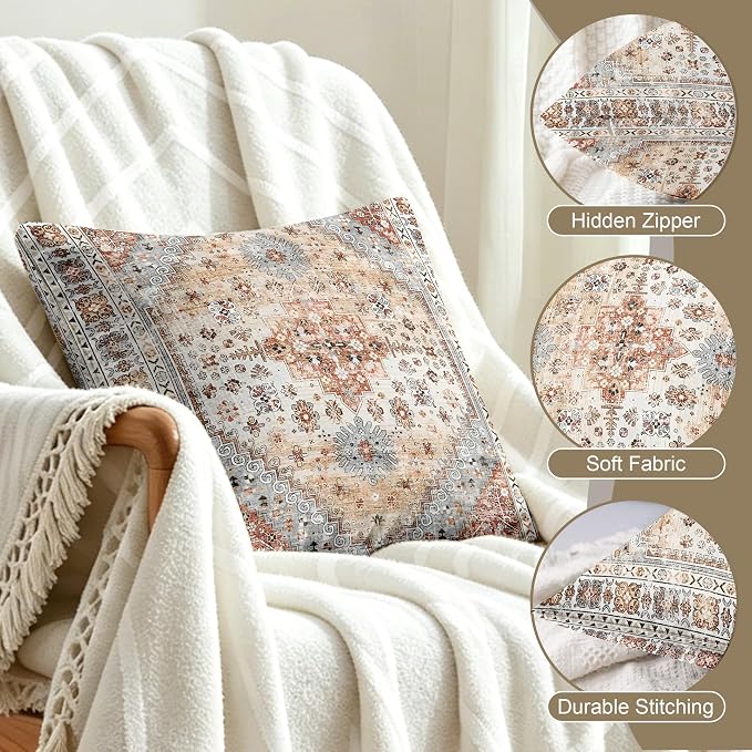 Boho Throw Pillow Covers 18x18 inch Set of 2,Soft Pillowcases Bohemia Carpet Printing Pattern Decorative Sofa Living Room Bed Square Pillow Case Cushion Cover-Orange Grey