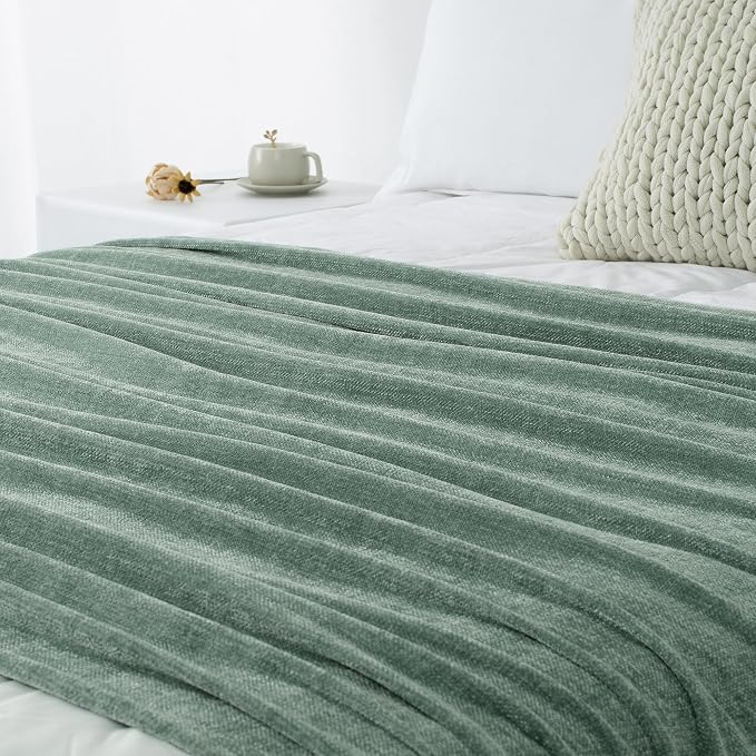 Chenille Throw Blanket for Couch 50" x 60", Sage Green | Soft Cozy Warm Throws with Fringe Tassel, for Living Room Bed Sofa Chair Cover, Lightweight Knitted Decorative Boho Blankets