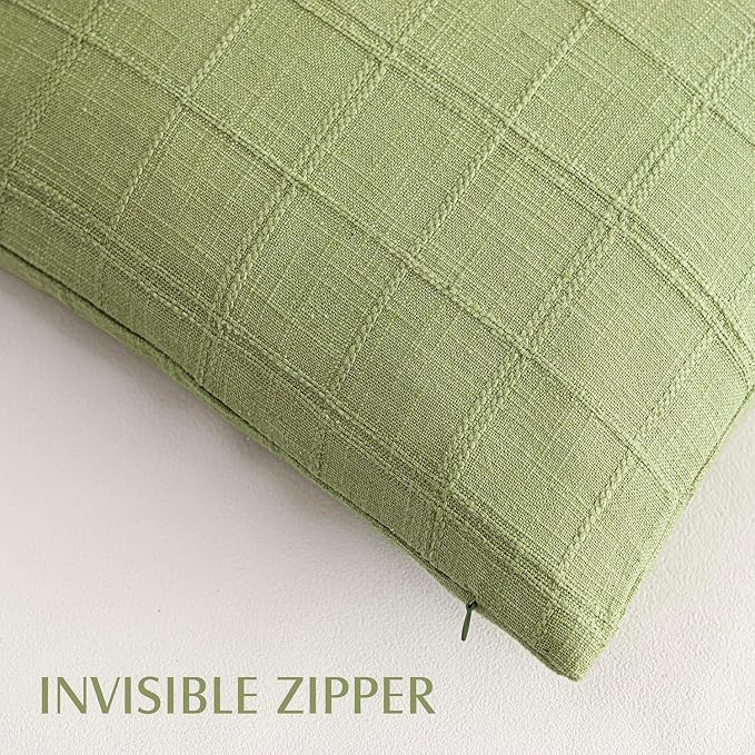 Foindtower Set of 2 Decorative Linen Check Throw Pillow Covers Neutral Farmhouse Vintage Cushion Covers Modern Boho Accent Home Decor for Sofa Chair Couch Bedroom Living Room,20×20 Inch,Light Green