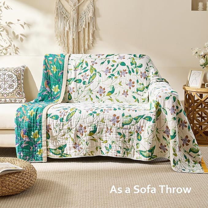 VANJOROY Boho Throw Blanket, 100% Organic Cotton Breathable Ultra Soft 91" x 108" King Bed Quilt Throw - All Season Floral Rustic Farmhouse Decor Luxury Blanket for Sofa Couch Chair