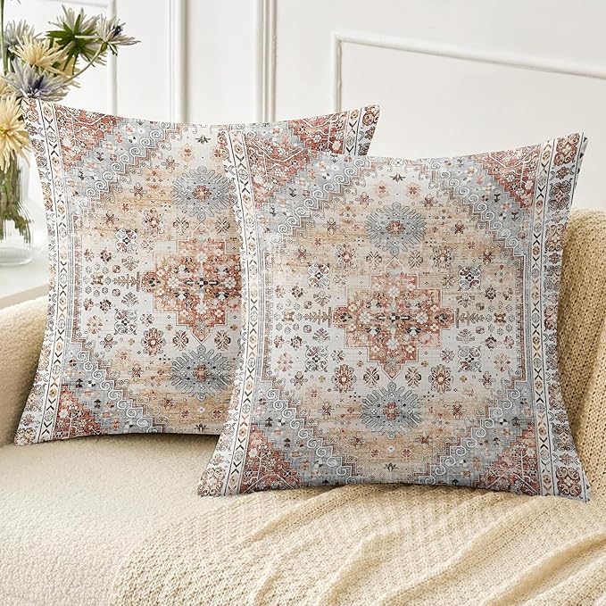 Boho Throw Pillow Covers 16x16 inch Set of 2,Soft Pillowcases Bohemia Carpet Printing Pattern Decorative Sofa Living Room Bed Square Pillow Case Cushion Cover-Orange Grey