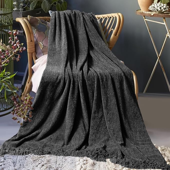 Chenille Throw Blanket for Couch 50" x 60", Dark Grey | Soft Cozy Warm Throws with Fringe Tassel, for Living Room Bed Sofa Chair Cover, Lightweight Knitted Decorative Boho Blankets