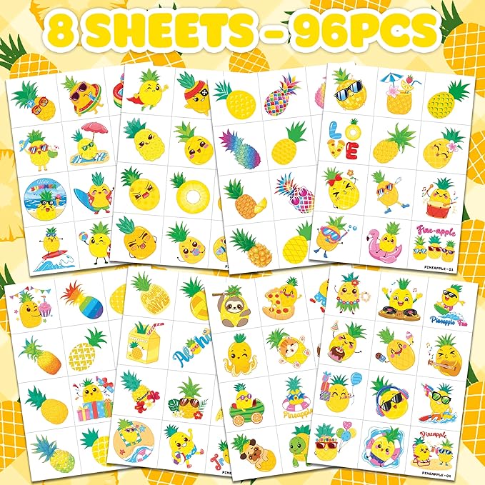 96PCS Pineapple Pre-Cut Temporary Tattoos for Kids | Super Cute Themed Birthday Party Favors, Supplies, Decorations, Cute Funny Fruit Fake Tattoo Stickers, School Rewards Prizes & Gifts For Boys Girls
