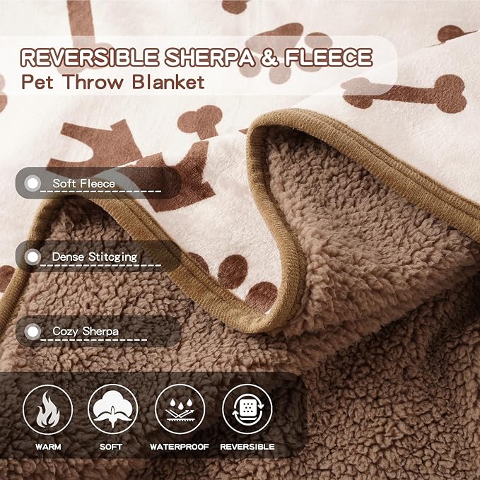 Waterproof Pet Blanket for Small Dogs and Cats 30"x40" | Washable Dog Blanket, Soft Fluffy Sofa Car Bed Protector, Reversible Sherpa Fleece Puppy Blanket, Beige
