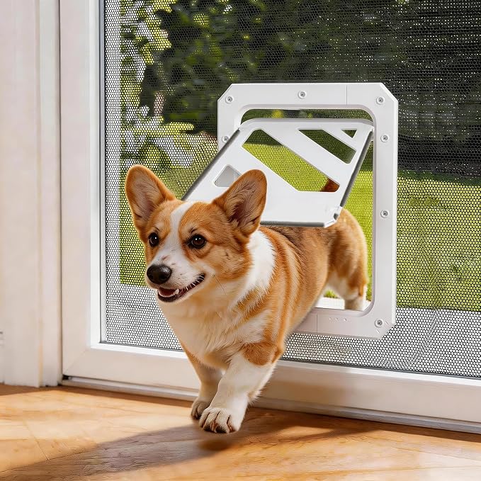 LIBBEPET Dog Door for Screen Door with Lockable Flap for Dog ≤50 lbs, White | Outer Size 13"x17", Reinforced ABS Frame, Magnetic Auto-Reset Flap, Mosquito Resistant Brush, Scratch Resistant