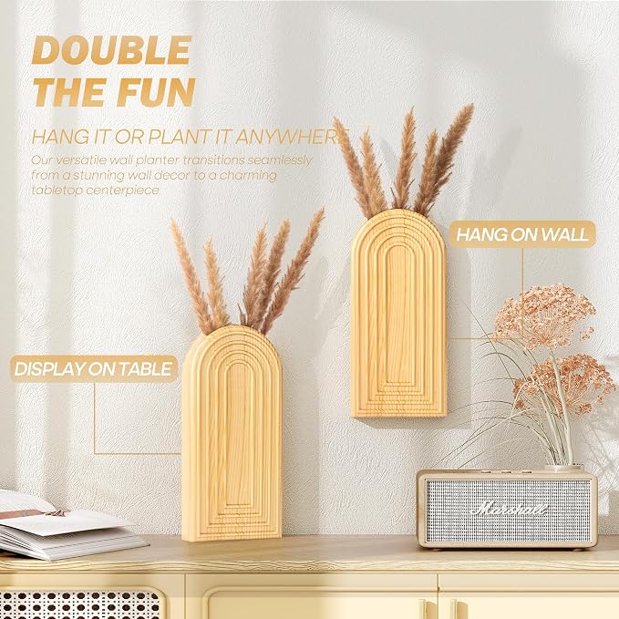 EOSAHR Wall Vase: Wall Planter for Boho Decor Accents, Original Wood | 2Pcs Kitchen Set, Pine Wood, Hanging Planter for Wall Decor, Wall Art for Living Room, Boho Decor, Suit to Hold Dried Plants