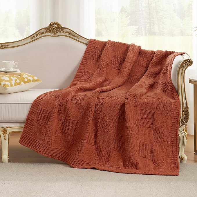 Knit Throw Blanket, Soft Chenille Cozy Breathable Checkered Chunky Decorative Blanket for Couch, Bed & Sofa, French-Inspired Lightweight Warm Gift for Women, Orange, 50"x60"