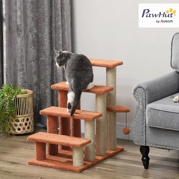 PawHut 4 Levels Cat Steps, Pet Stairs Carpeted Ladder, Kitten Tree Climber with Scratching Posts, Hanging Play Ball, Side Step, for High Bed, Sofa, Brown | Kitten Tree Climber, Scratching Posts, Hanging Play Ball, Side Step, for Sofa