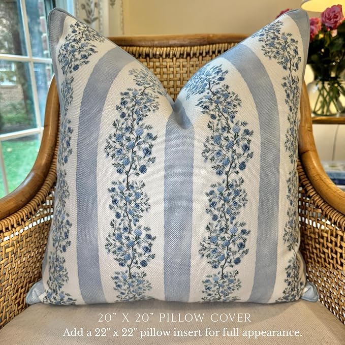 “The Juliet” Floral Block Print Pillow Cover – Soft Blue and Off-White Decorative Throw Pillow Cover – Grandmillennial Home Decor, 20" x 20"