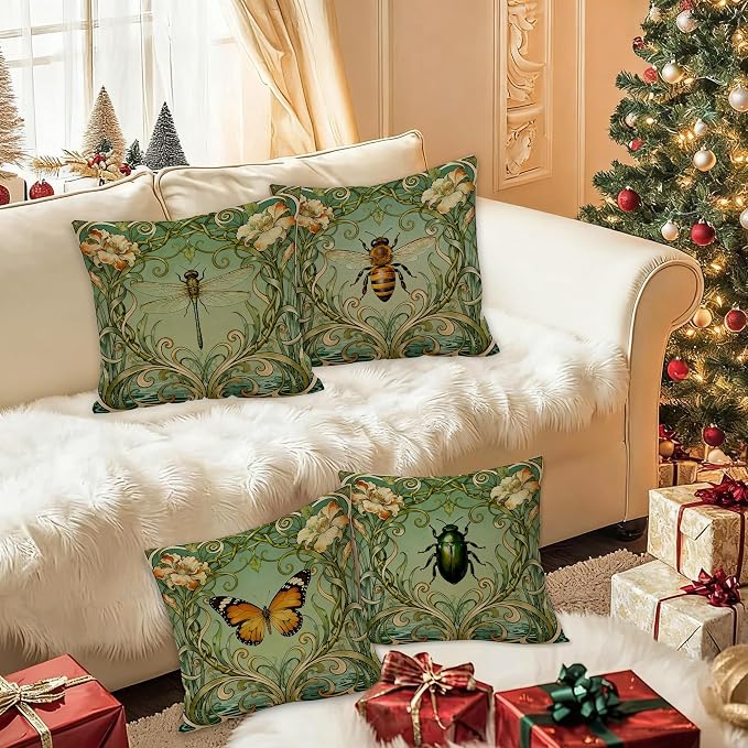 Green Art Nouveau Floral Insects Pillow Covers 18x18 Set of 4, Nature Lover Gifts, Cottagecore Vintage Nature Dragonfly Bee Butterfly Beetle Decorative Pillow Covers for Home Living Room