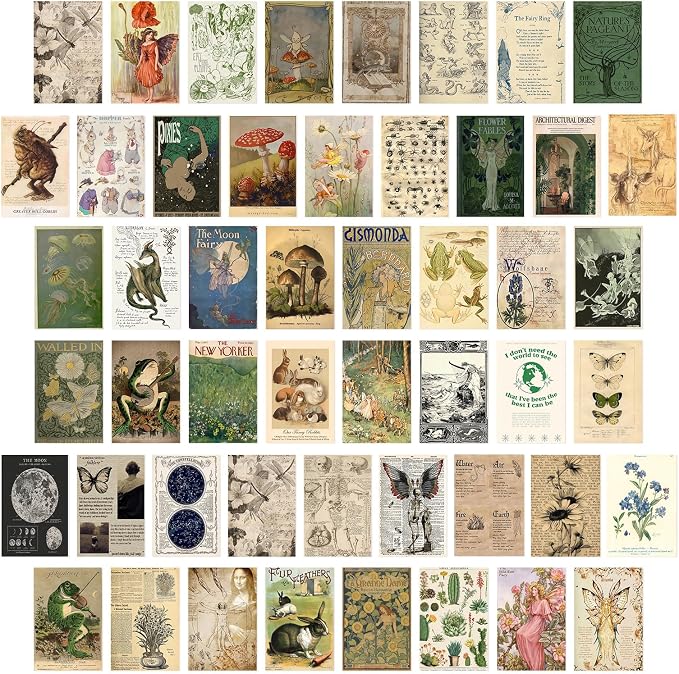 KBKBART Vintage Fairycore Wall Collage Kit Unframed, 50Pcs Fairy Posters | 4x6inch, Fairy Room Decor Aesthetic Pictures, Earthy Vintage Fairy Wall Art Print Mushroom Pictures for Dorm Bedroom