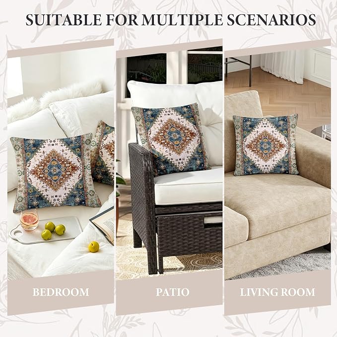 Boho Throw Pillow Covers 18x18 inch Set of 2,Soft Pillowcases Bohemia Carpet Printing Pattern Decorative Sofa Living Room Bed Square Pillow Case Cushion Cover-Blue Green