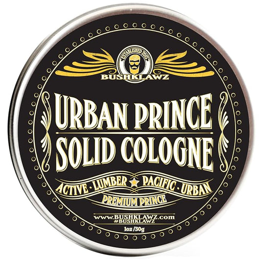 BushKlawz Urban Prince Solid Cologne 1 oz Full Size Alcohol Free Natural Concentrated Travel Friendly Tins Men's Fragrance Manly Scents to Satisfy all Types of Viking Cannon Black Prime