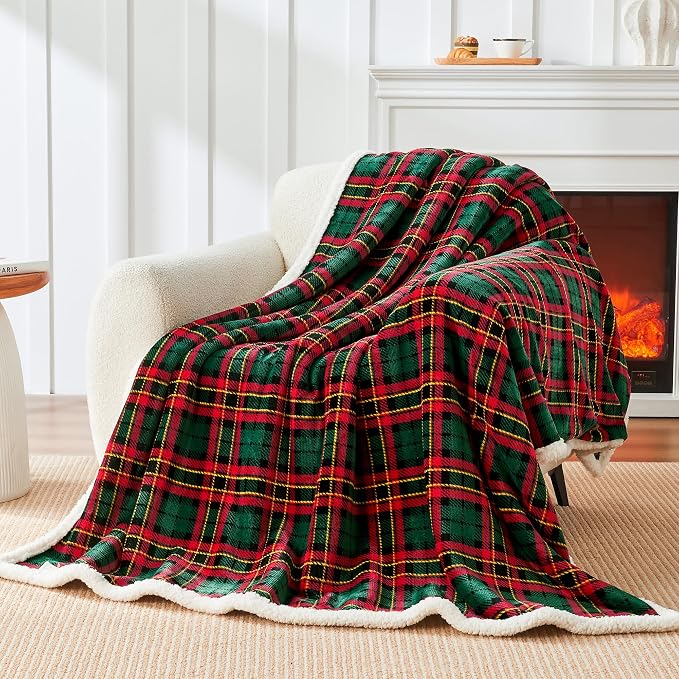 Sherpa Plaid Throw Blanket, 60" X 70"Fuzzy Fluffy Cozy Soft Blanket, Fleece Flannel Plush Twin Size Microfiber Blanket for Couch Bed Sofa, Red & Green