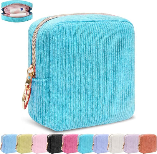 Period Bag for Girls, Corduroy Period Kit with Sanitary Pad Pouch, Menstrual Storage Bag and Tampon Holder for Purse, Girls School Essentials,Feminine Care Organizer(Sky Blue)
