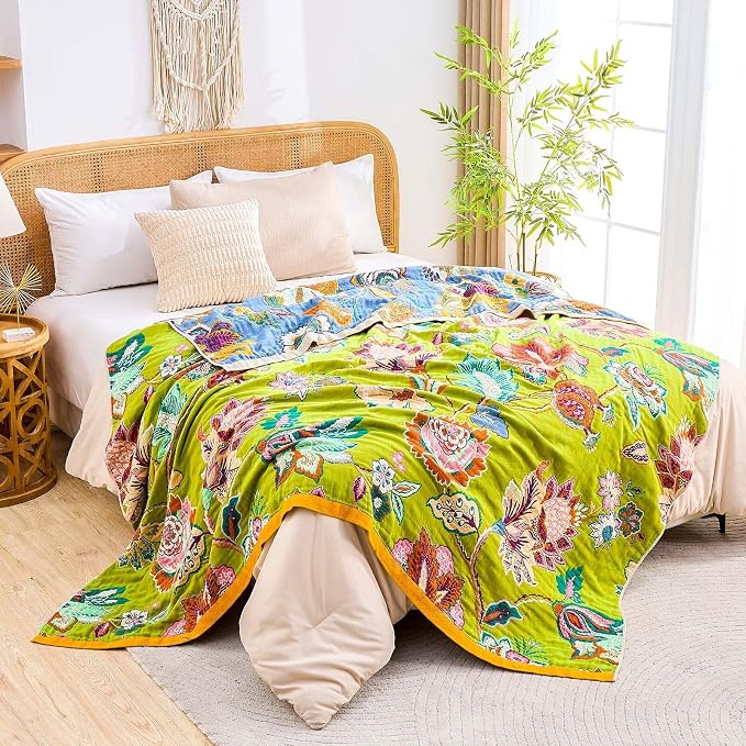 XIBLC Fall Throw Blanket, 100% Cotton Soft Rustic Boho Throw Blanket for Bed, 80"x90" Farmhouse Decor Bed Flower Blankets, Light Weight Reversible Bohemian Throw Quilt