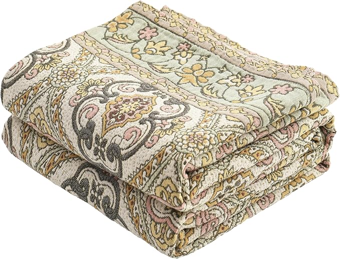 VANJOROY Boho Throw Blanket 80" x 90", 100% Organic Cotton Breathable Skin-Friendly Ultra Soft Bed Quilt Throw - Floral Rustic Decor Luxury Reversible Blanket for Sofa Couch Chair and Gift,