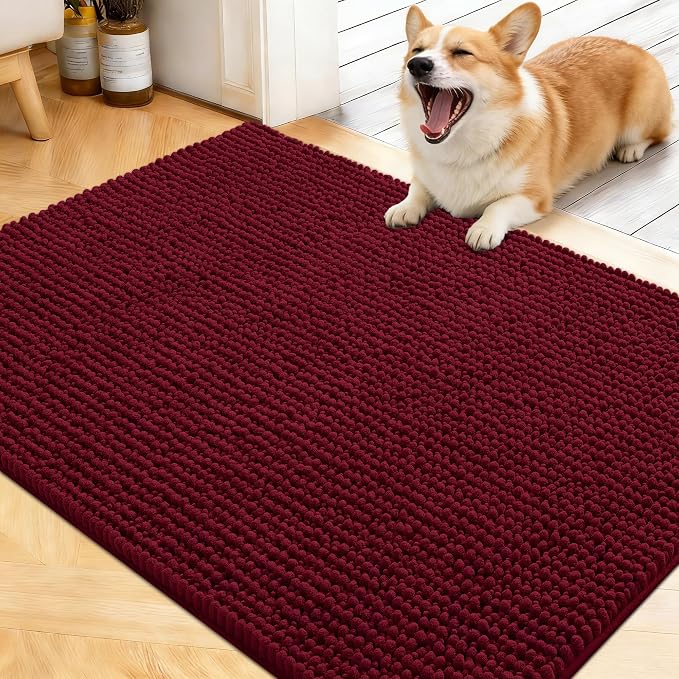 OLANLY Dog Door Mat for Muddy Paws 40x32, Extra Absorbent Chenille Mud Mat | Burgundy, Absorbs Moisture and Dirt, Non-Slip Machine Washable Doormat, Quick-Drying Indoor Entryway Floor Mat for Dogs