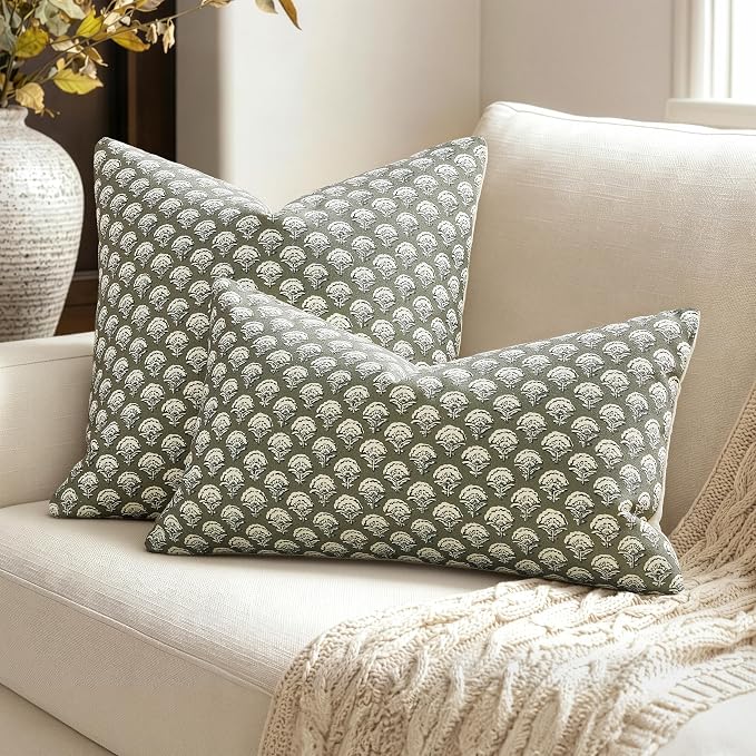MIULEE Floral Print Decorative Lumbar Pillow Covers 12x20, Sage Green | Vintage Boho Farmhouse Modern Home Decor, Set of 2, Block Print Cushion Covers for Couch Sofa Bed Living Room