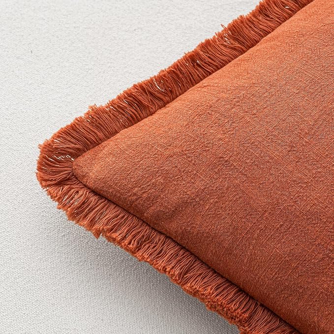 MIULEE Linen Decorative Fall Euro Throw Pillow Covers Burnt Orange 22x22 | Set of 2, Cottagecore Decor, Boho Farmhouse Neutral Fringe Pillow Covers, Rustic Fall Couch Cushion for Sofa Bed Living Room