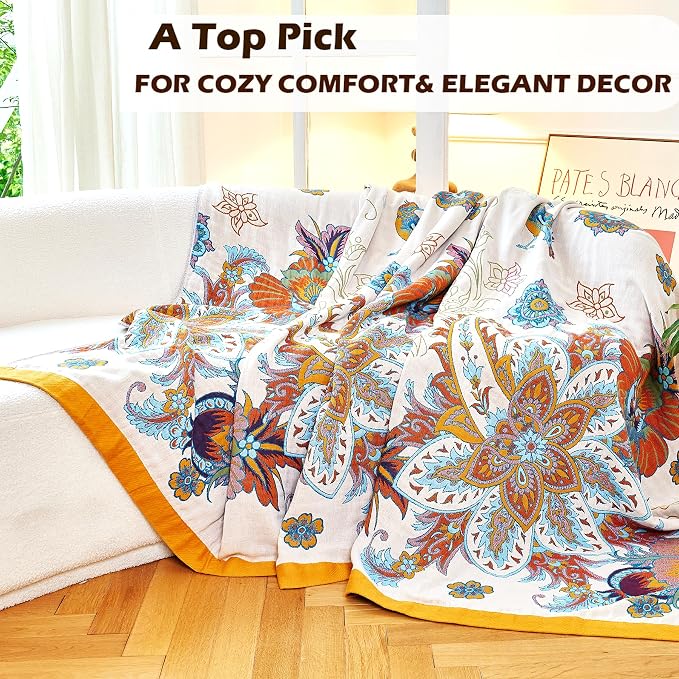 VANJOROY Boho Throw Blanket, 100% Organic Cotton Breathable Skin-Friendly Ultra Soft Bed Quilt Throw - All Season Floral Bird Farmhouse Décor Luxury Blanket for Sofa Couch Chair and Gift. 80" x 90"