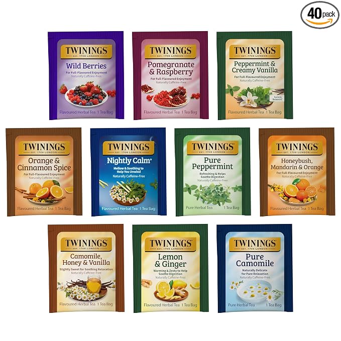 Twinings Herbal Caffeine-Free Tea Bags Sampler, Assortment Variety Pack (40 Count) 10 Different Flavours for Tea Lovers: Her, Him, Women, Men, Couples, Family, Friends, Coworkers