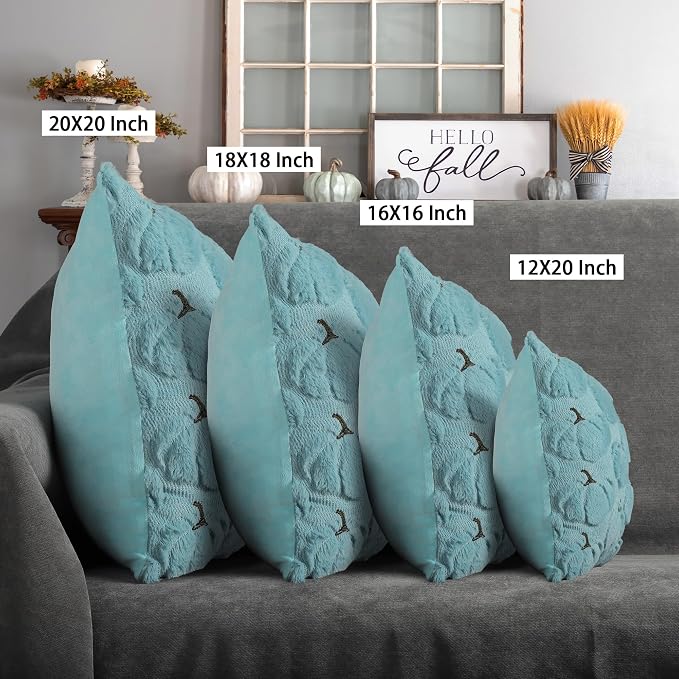 Fall Pumpkins Decorative Pillow Covers 20x20 Set of 2, Light Blue Soft Plush Faux Fur Wool Farmhouse Throw Cushion Cases for Autumn Thanksgiving Holiday Home Decorations