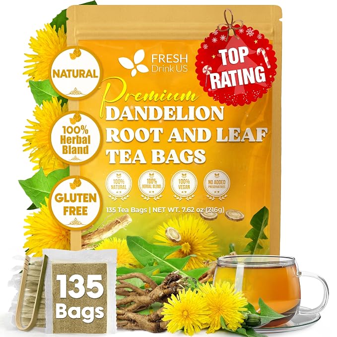 FreshDrinkUS, Premium 135 Dandelion Leaves and Roots Tea Bags, 100% Natural & Pure, Herbal Tea, Daily Infusion Botanical, No Sugar, No Caffeine, No Gluten, Vegan. Powerful Support.