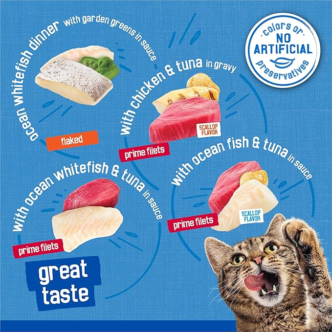 Friskies Purina Wet Cat Food Variety Pack, Oceans of Delight Flaked and Prime Filets - 5.5 oz. Cans (Pack of 80)