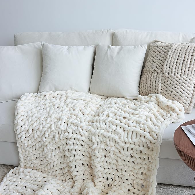 Maetoow Chenille Chunky Knit Blanket,Handmade Cozy for Home Decor,82×86,Cream