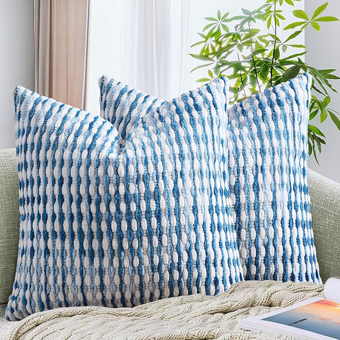 Set of 2 Boho Chenille Pillow Cover Decorative Tufted Pillowcase for Couch Bed Sofa Bedroom Living Room Modern 18 x 18-Inch Sky Blue